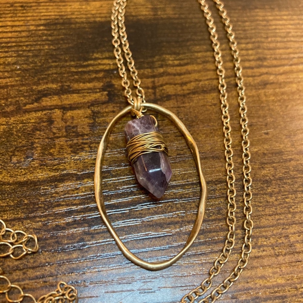 Amethyst Crystal Point Wire Wrapped Gold Tone Oval Hoop Pendant Necklace 23-26"